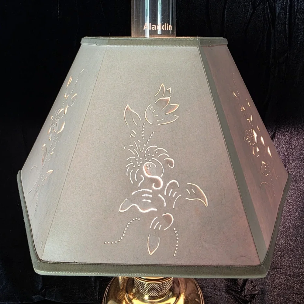 VTG Aladdin 12 Brass Oil to Electric Lamp, Lox-on Chimney & Cut-out Floral Shade